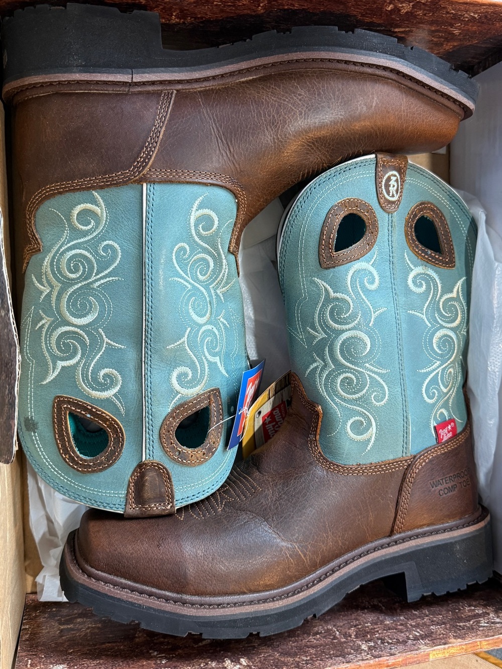 Tony Lama Work RR3401L Women’s Western Work Boots Brown Teal Waterproof 9C NIB - Picture 3 of 7
